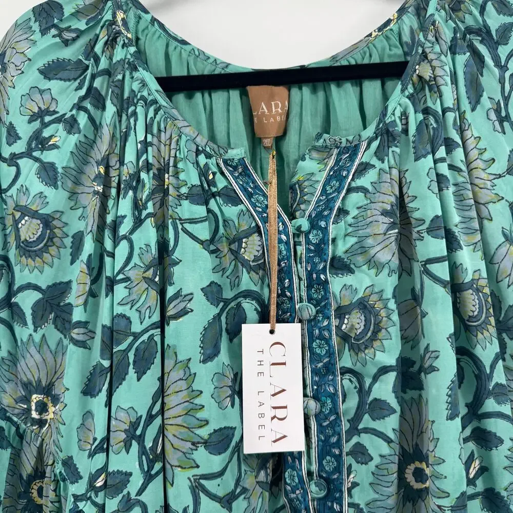 Clara the Label Victoria Dunn Briar Blouse in Blue Bonnet Sz 2XL Block Print NWT - Picture 5 of 10